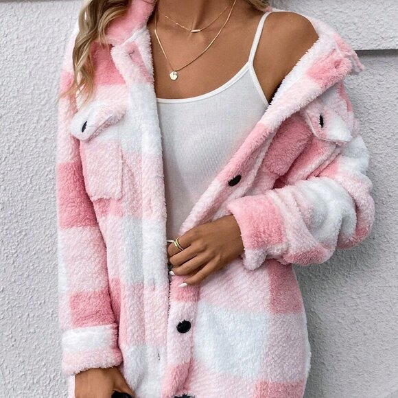 Pink Casual Women's Plaid Soft Fur Regular Fit Coat - Picture 3 of 4